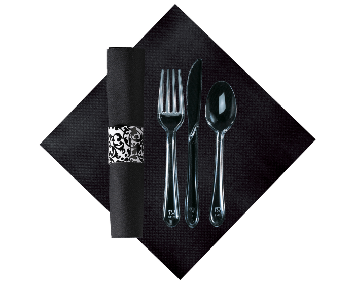 Lucy　0417 CaterWrap® Linen-Like® 4PC Cutlery Kit Black Pre-Rolled With White