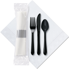 7.5 in x 4.25 in Pre-rolled Cater to Go Express White Dinner Napkins with Black Cutlery 100 ct.