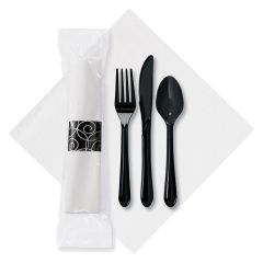 8.5 in x 8.5 in Wrapped Pre-rolled Linen-Like CaterWrap White Napkins with Black Cutlery 100 ct.