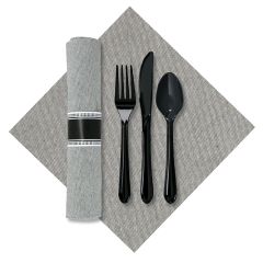 7.5 in x 4.25 in Pre-rolled Linen-Like Natural CaterWrap Gray Onyx Dinner Napkins with Black Cutlery 100 ct.
