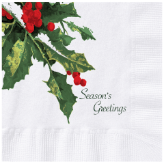 5 in Holly Greetings White Beverage Napkins 1000 ct.