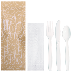 9.5 in x 3.25 in Printed Cutlery Pouches with White Cutlery 100 ct.