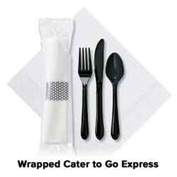 7.5 in x 4.25 in Pre-rolled Cater To Go Express White Dinner Napkins with Black Cutlery 100 ct.