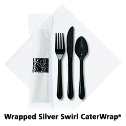 8.5 in x 8.5 in Wrapped Pre-rolled Linen-Like CaterWrap White Napkins with Black Cutlery 100 ct.