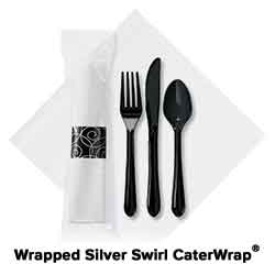 8.5 in x 8.5 in Wrapped Pre-rolled Linen-Like CaterWrap White Napkins with Black Cutlery 100 ct.